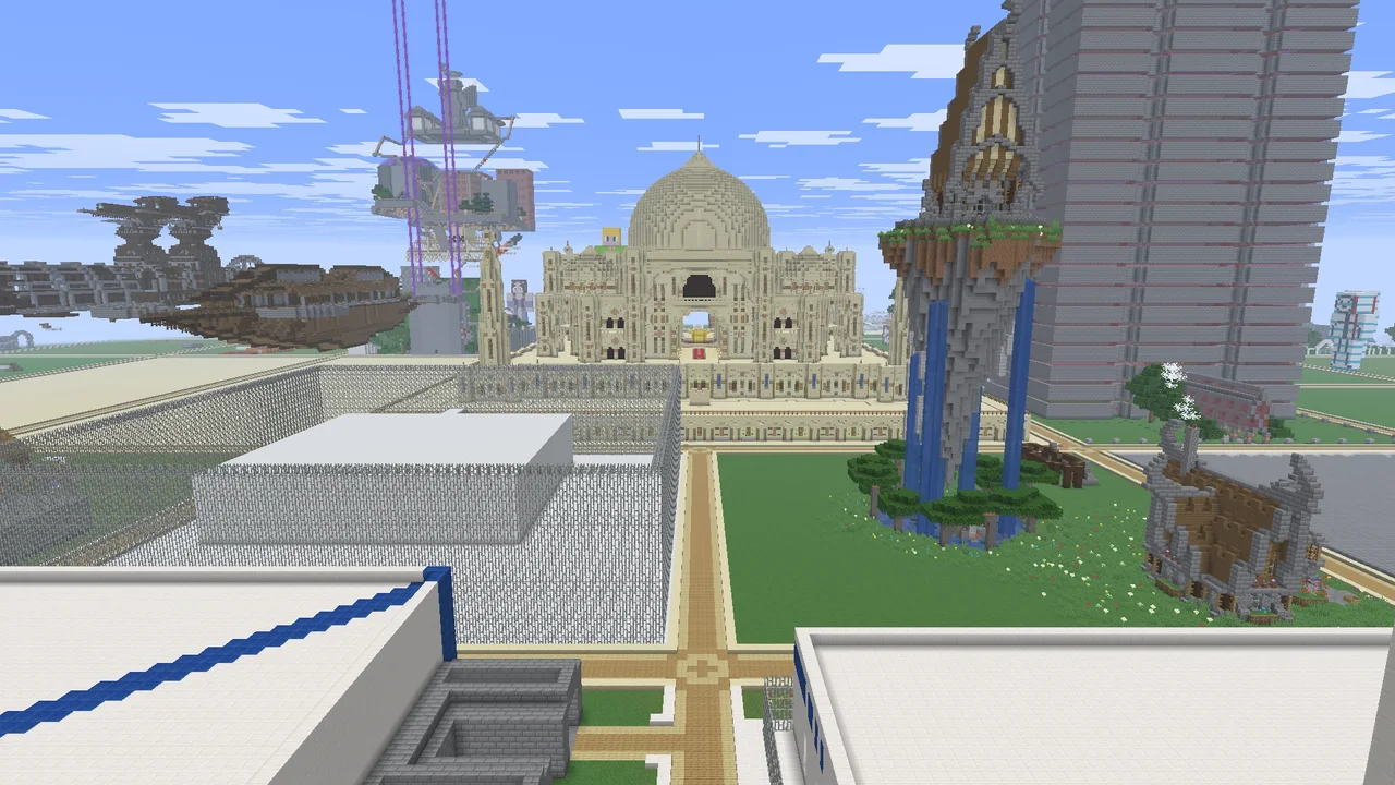 Creative plots with a domed sandstone palace, a floating island with waterfalls, airships and a tall tower.