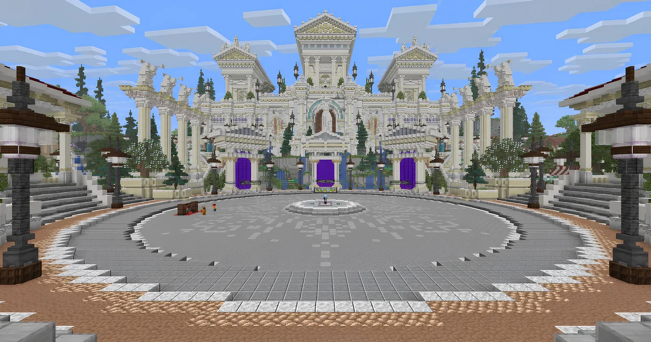 A broad stone plaza facing three purple portals and a grand white building in the Nexus.