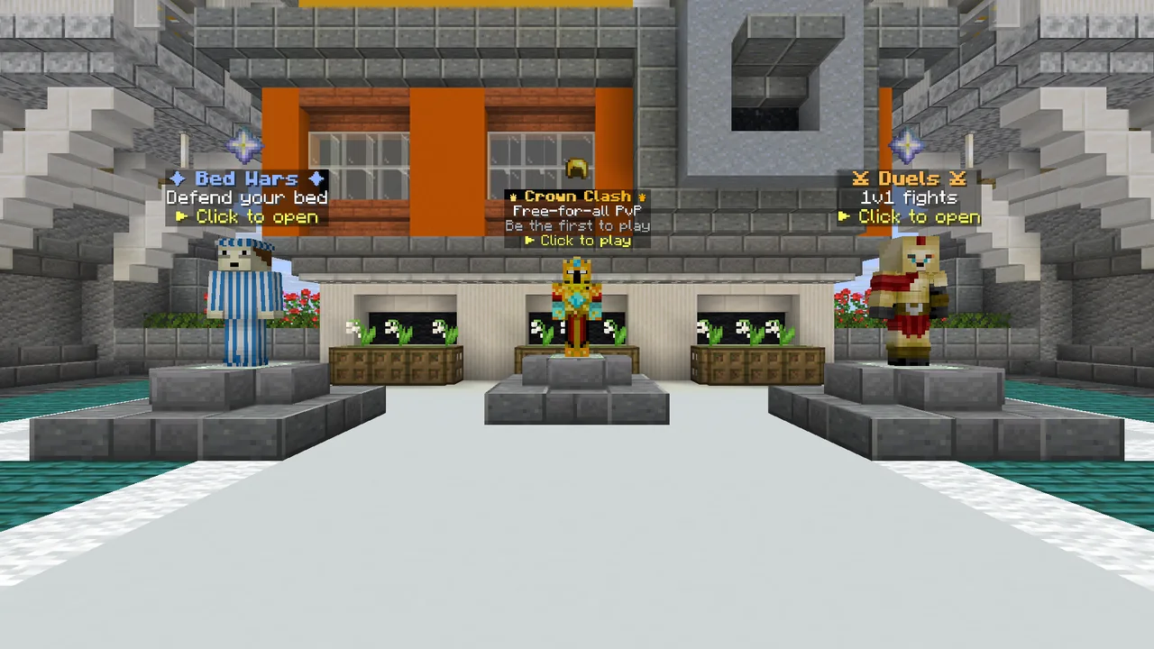 The Arcadia lobby: three game characters on stone stands, signed Bed Wars, Crown Clash and Duels.