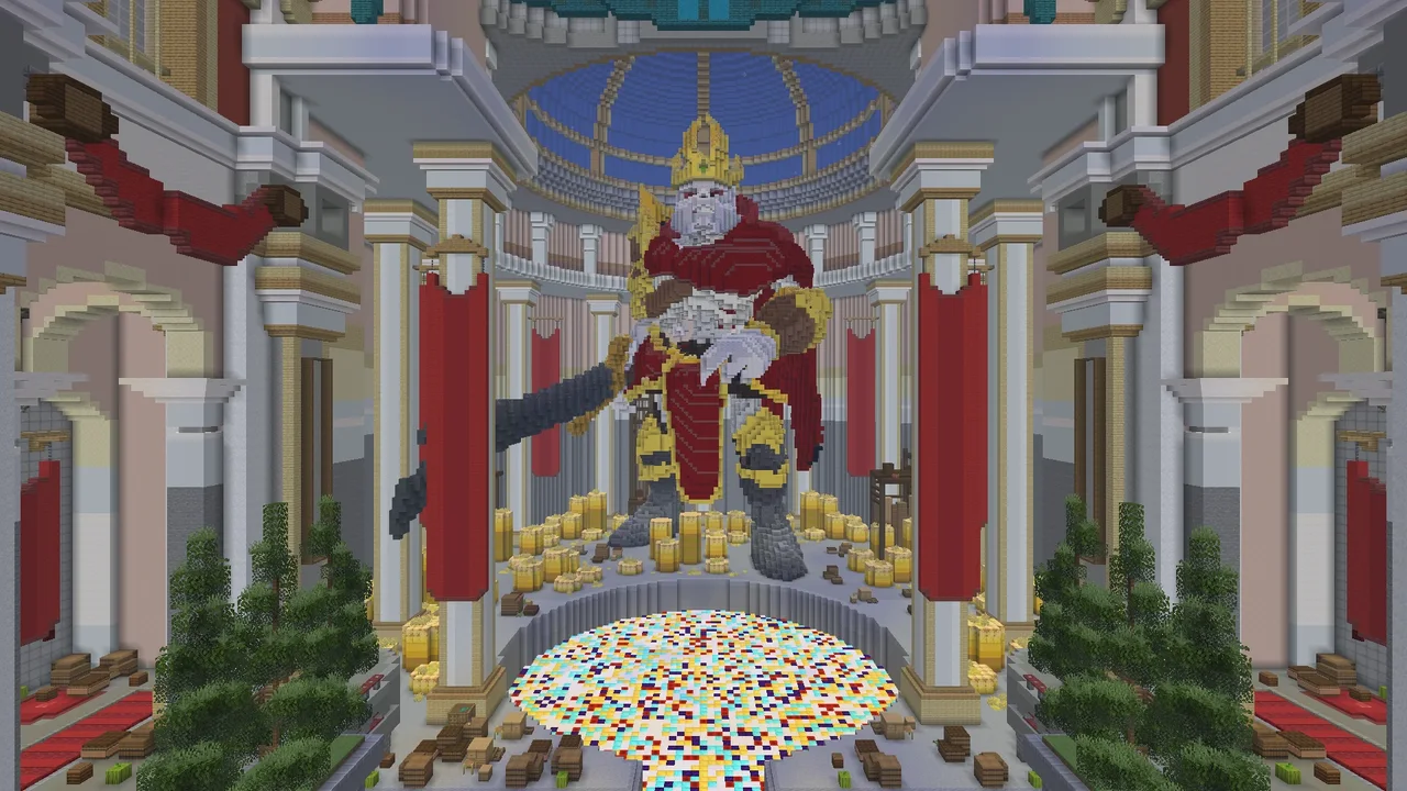 The Emberstone Isle lobby: a big orange “Welcome to Prison” sign above a town square with palm trees and wooden houses.