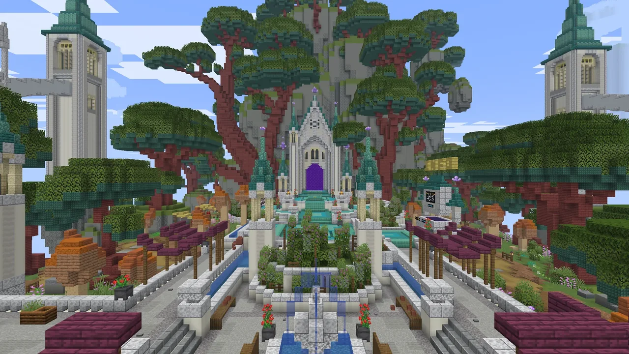 A garden path with pools and flowers leads to a white hall with a purple portal, under giant red-trunked trees.